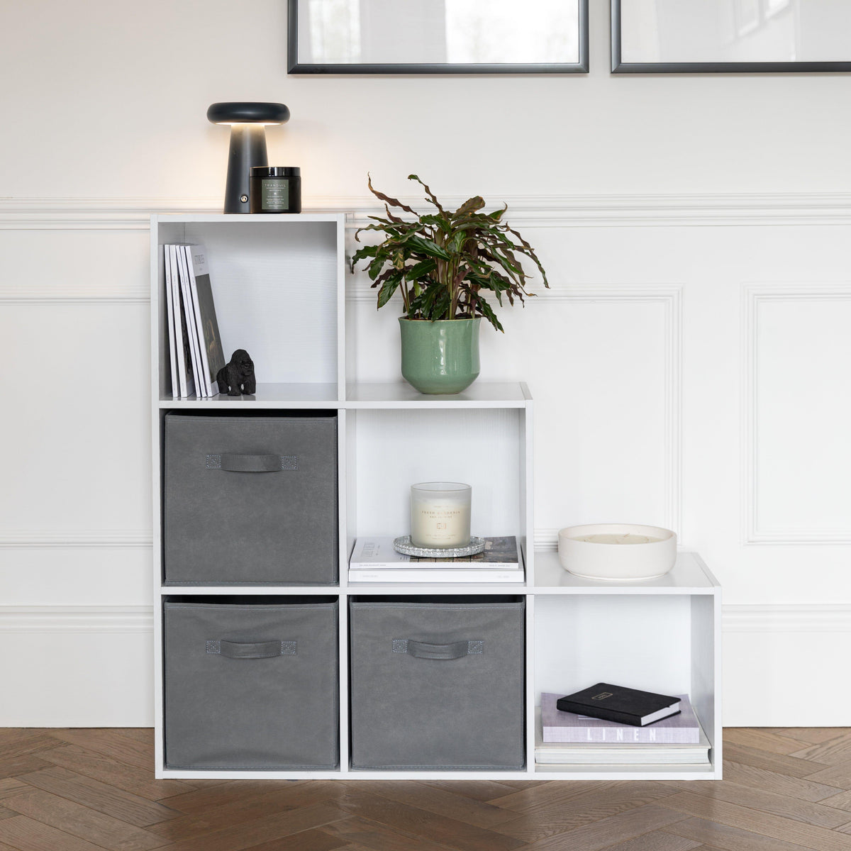 Cara 6 Cube Bookcase Ladder Storage Unit - Chalk White with Grey Boxes ...