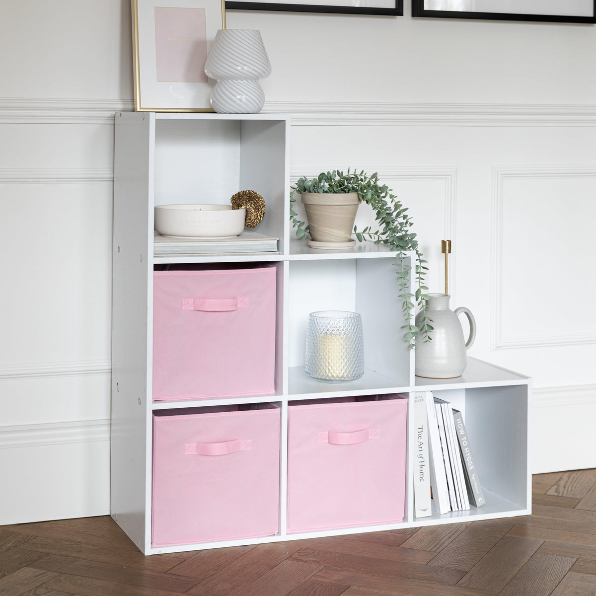 Cara 6 Cube Bookcase Ladder Storage Unit - Chalk White with Pink Boxes ...