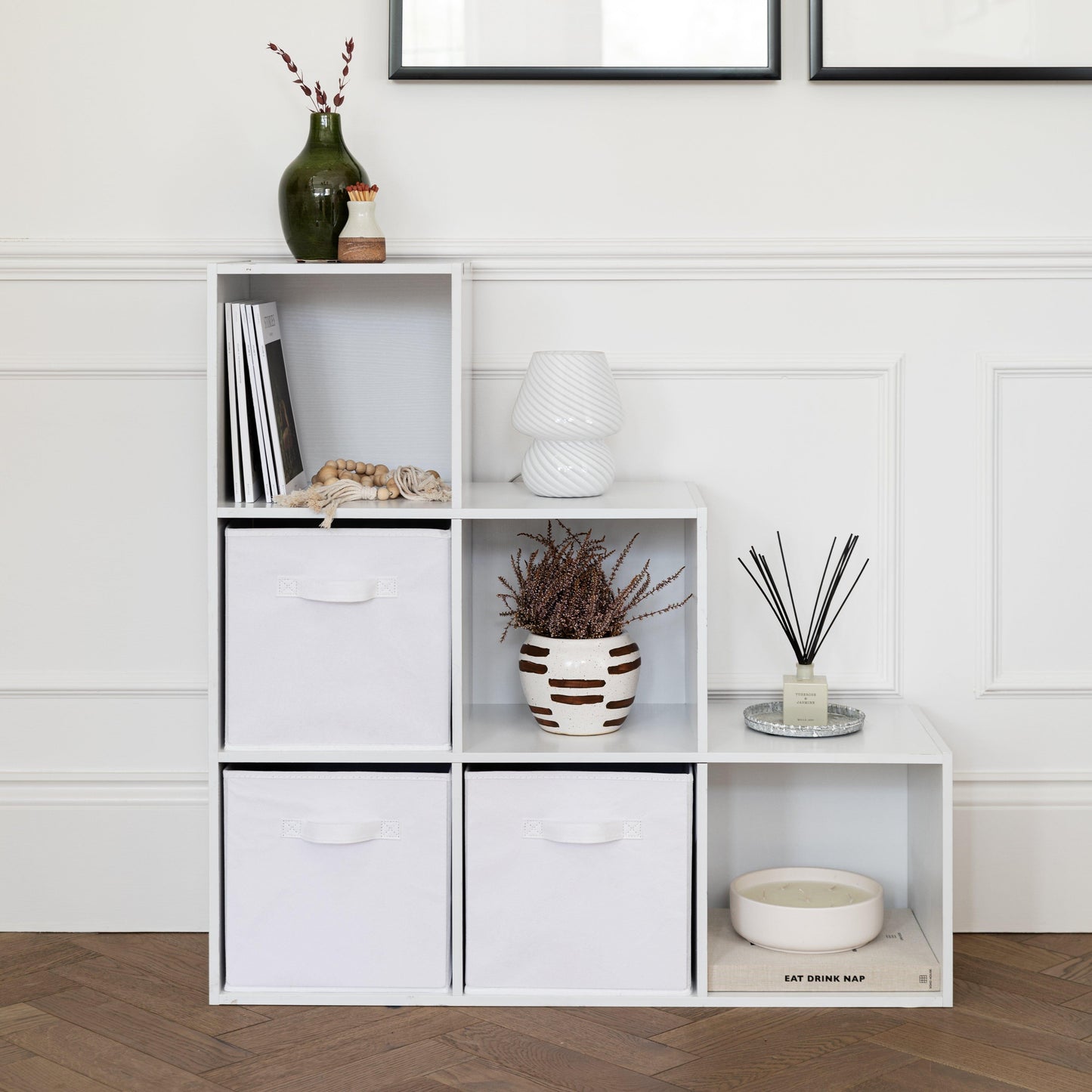 6 Cube bookcase ladder storage unit - white with white boxes - Laura James