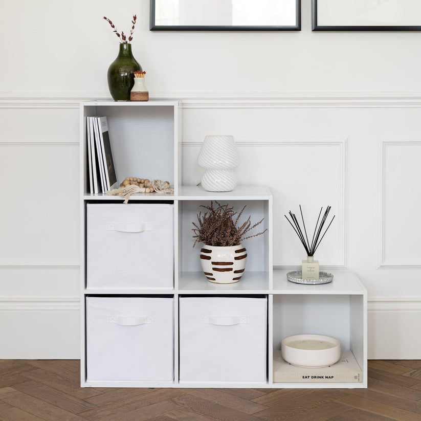 Cara 6 Cube Bookcase Ladder Storage Unit - Chalk White with White Boxe ...