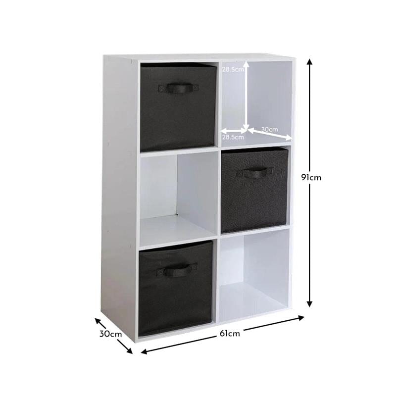 Cara 6 Cube Chalk White Bookcase Wooden Display Unit Shelving Storage Bookshelf Shelves - Black Basket - Laura James