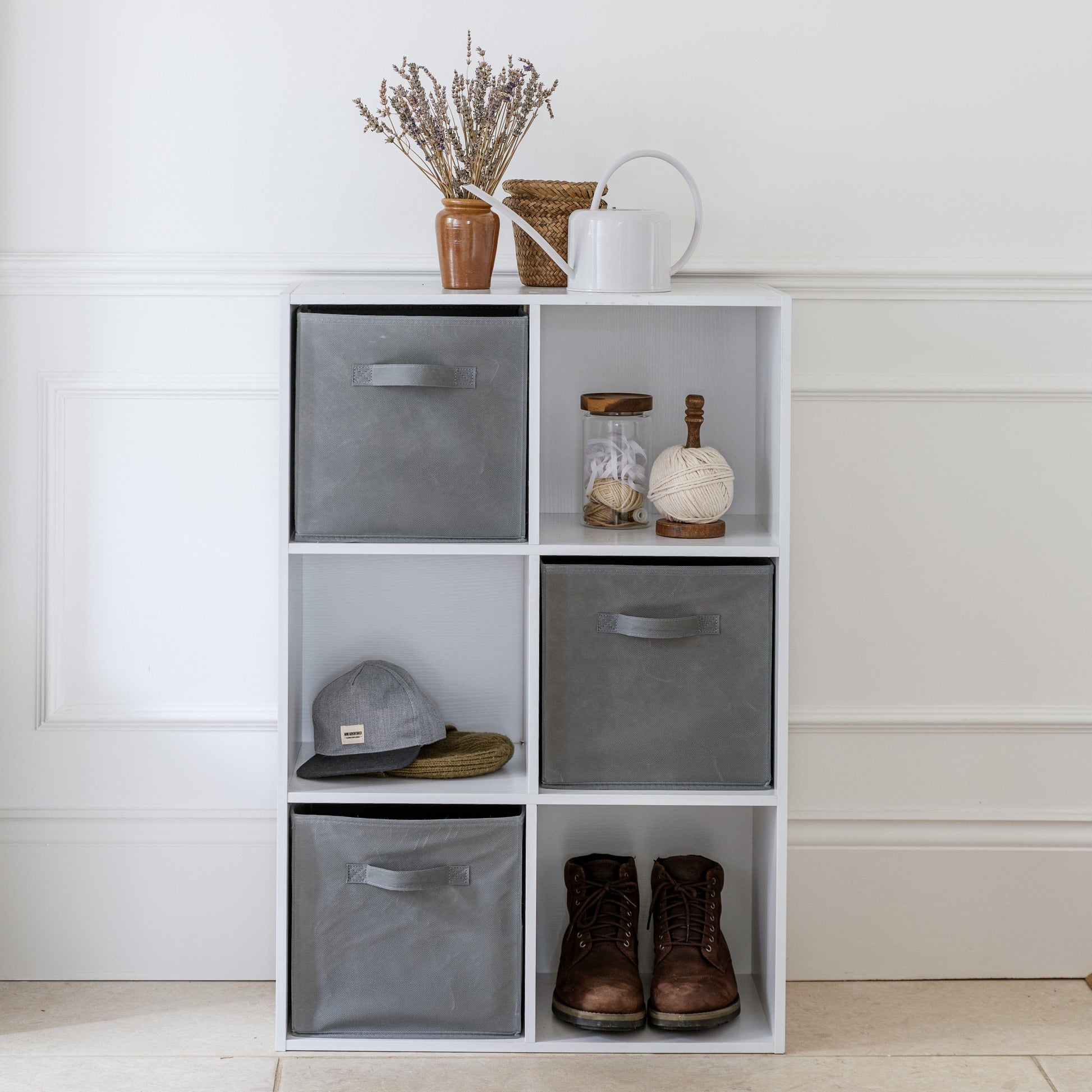 6 Cube White Bookcase Wooden Display Unit Shelving Storage Bookshelf Shelves (Grey Basket) - Laura James