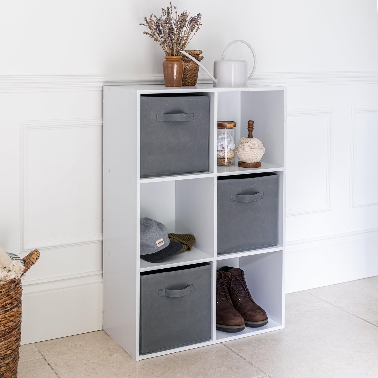 6 Cube White Bookcase Wooden Display Unit Shelving Storage Bookshelf Shelves (Grey Basket) - Laura James