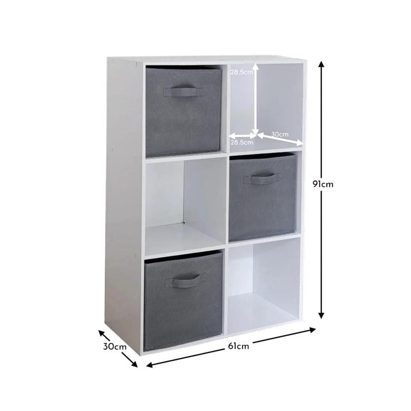 Cara 6 Cube Chalk White Bookcase Wooden Display Unit Shelving Storage Bookshelf Shelves - Grey Basket - Laura James