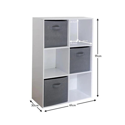 Cara 6 Cube Chalk White Bookcase Wooden Display Unit Shelving Storage Bookshelf Shelves - Grey Basket - Laura James
