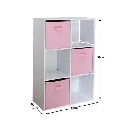 Cara 6 Cube Chalk White Bookcase Wooden Display Unit Shelving Storage Bookshelf Shelves - Pink Basket - Laura James