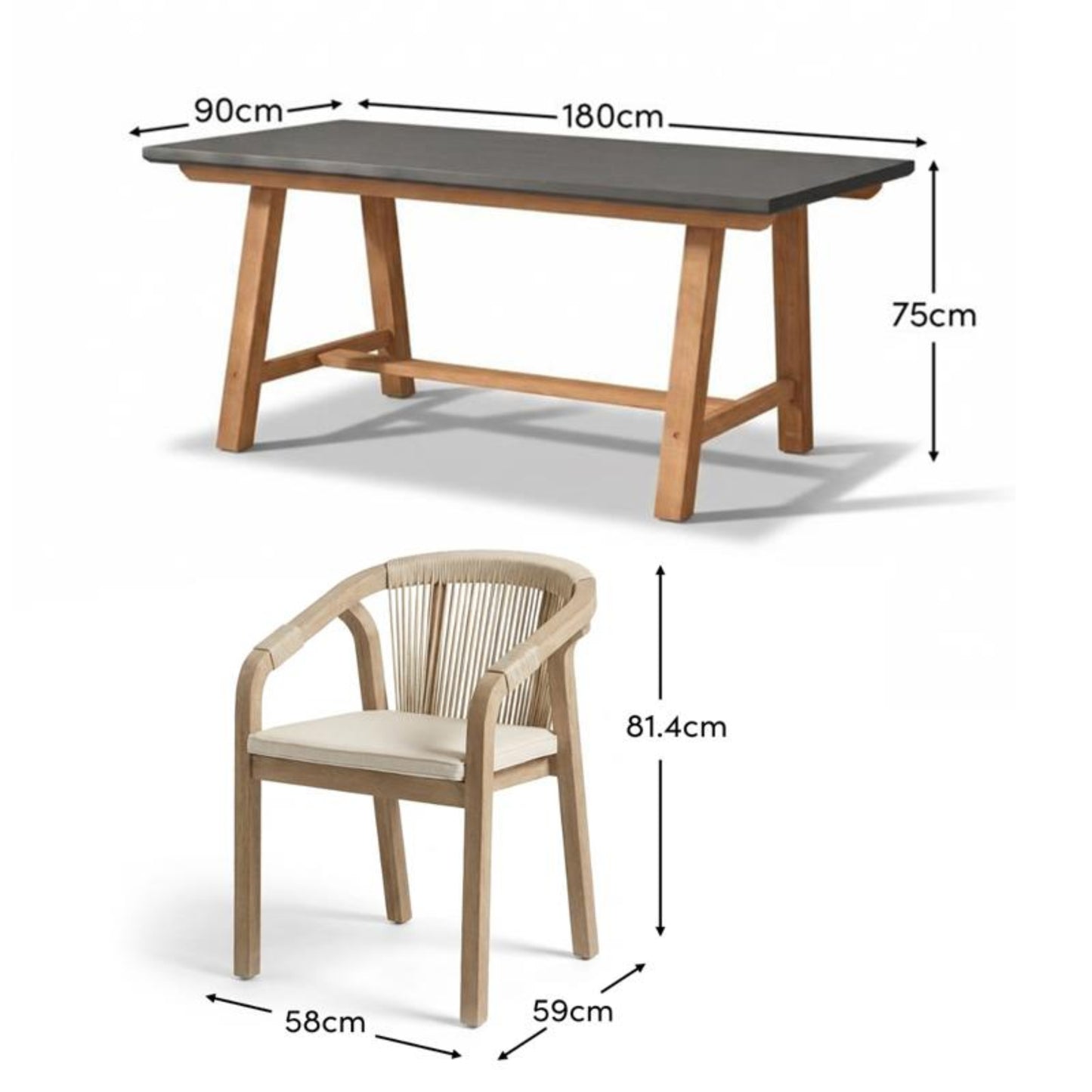 Shiro Dove Grey Concrete Dining Table Set - 6 Seater - Shiro Beige Rope Dining Chairs - Laura James