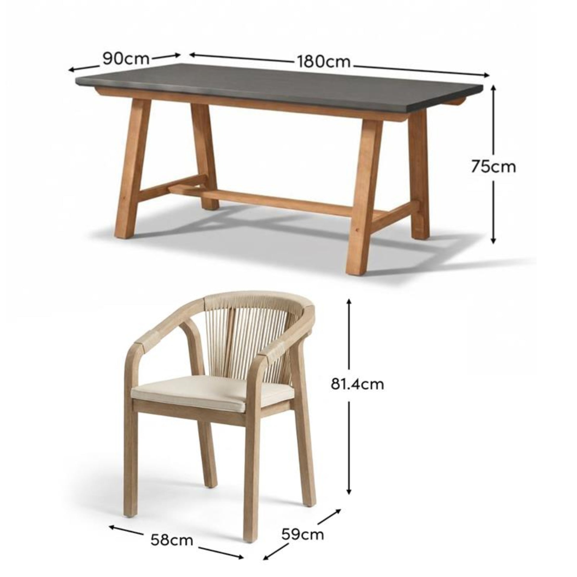Shiro Dove Grey Concrete Dining Table Set - 6 Seater - Shiro Beige Rope Dining Chairs - Laura James
