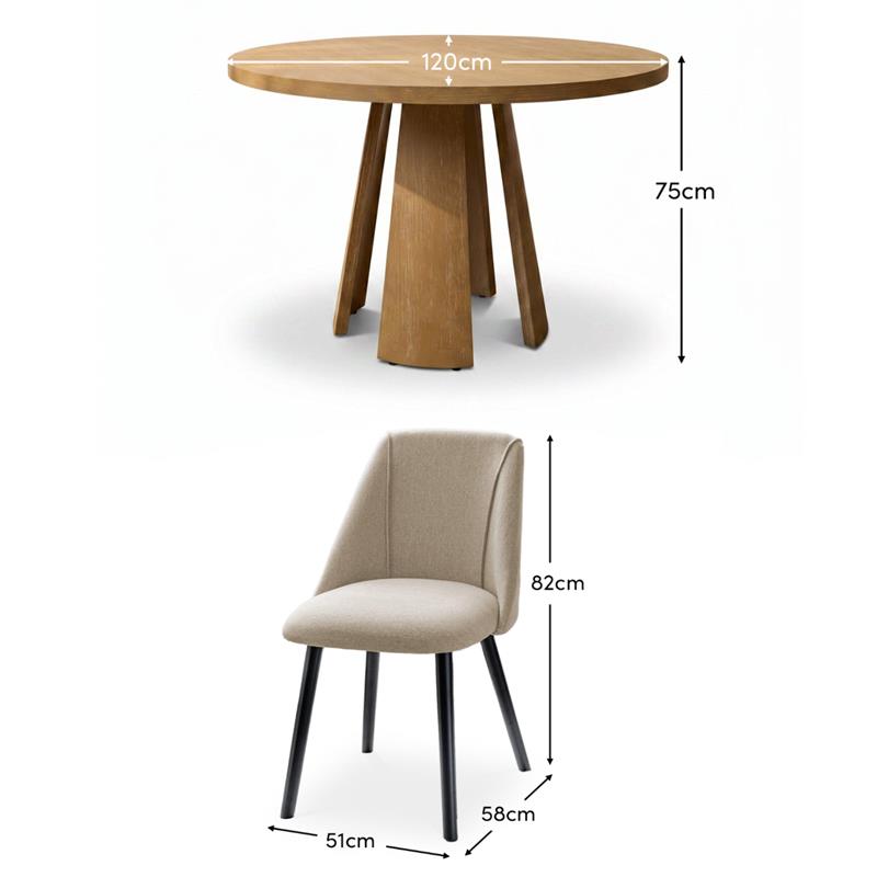 Farren 120cm Whitewash Oak Round Dining Table Set - 4 Seater - Freya Sand Dining Chairs with Black Legs - Laura James