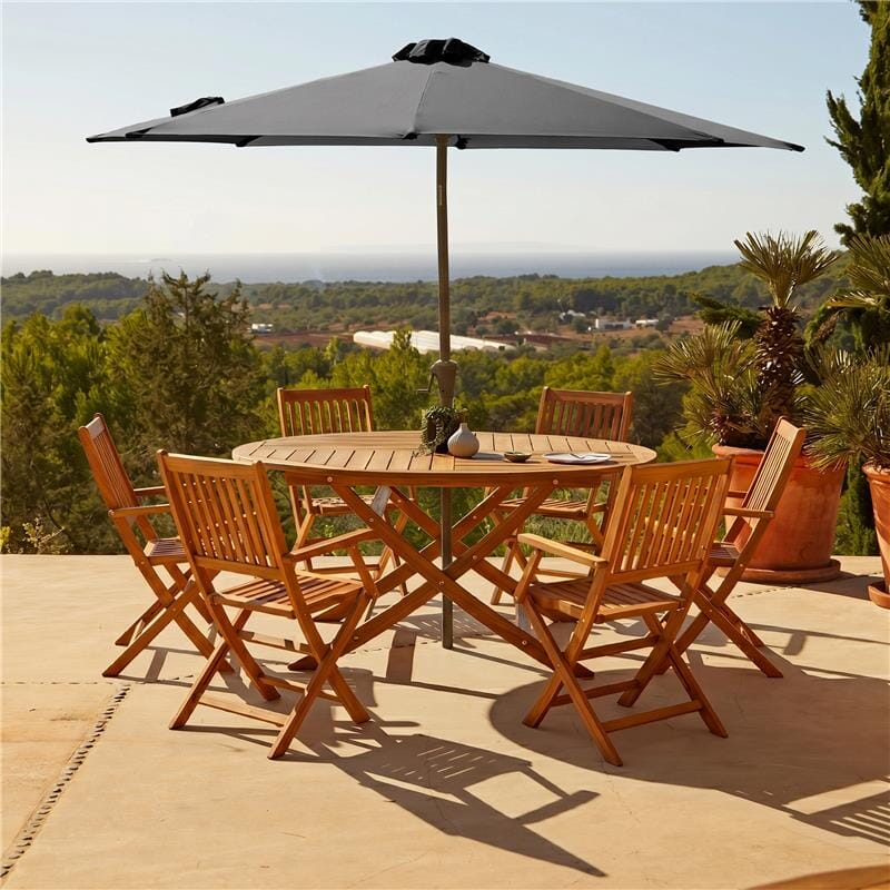 Ashby 6 Seater Round Wooden Garden Dining Set with Arms & Grey LED Premium Parasol  - 130cm - Laura James