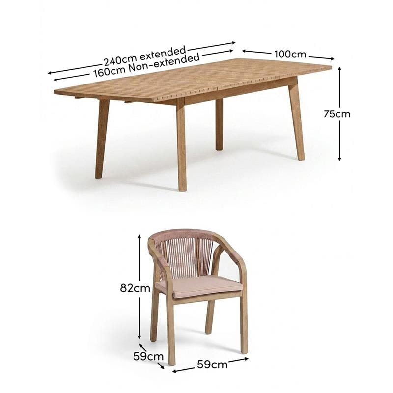 Saffron 6 Seater Extending Wooden Garden Dining Set with Shiro Pink Rope Chairs - Laura James