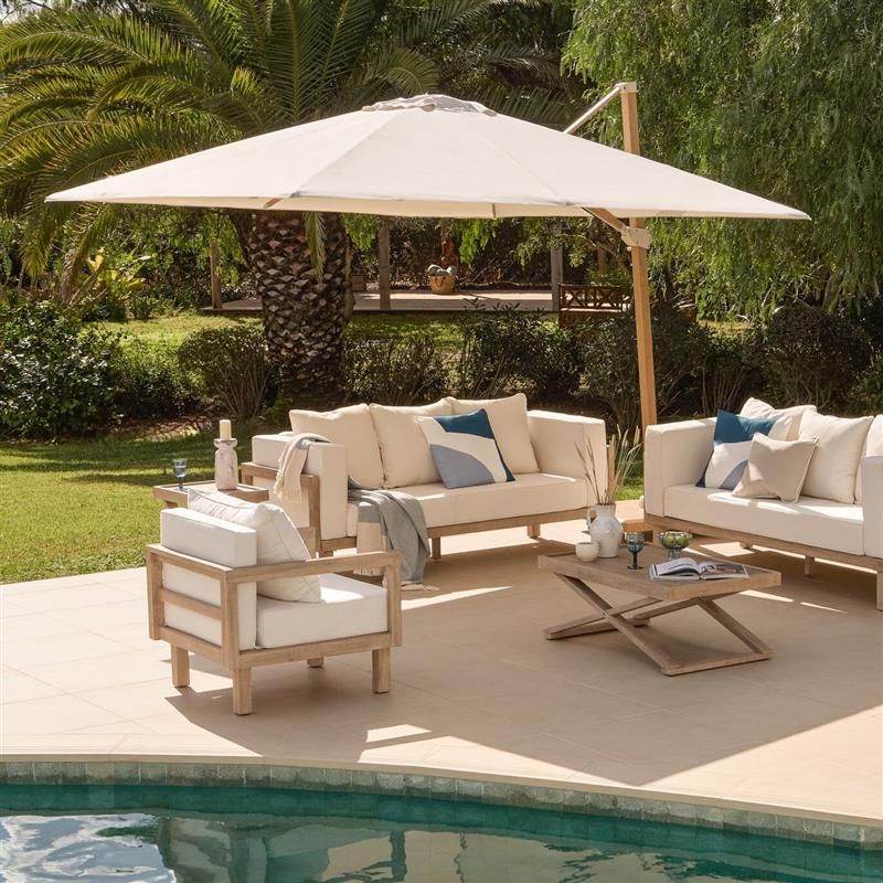 Emporio Ivory LED Cantilever Parasol - 3.5x2.6m Rectangle with Wood Effect Base - Laura James