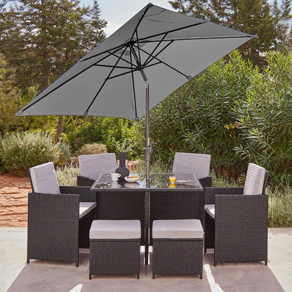 8 Seat Rattan Cube Outdoor Dining Set with LED Premium Parasol - Black Weave