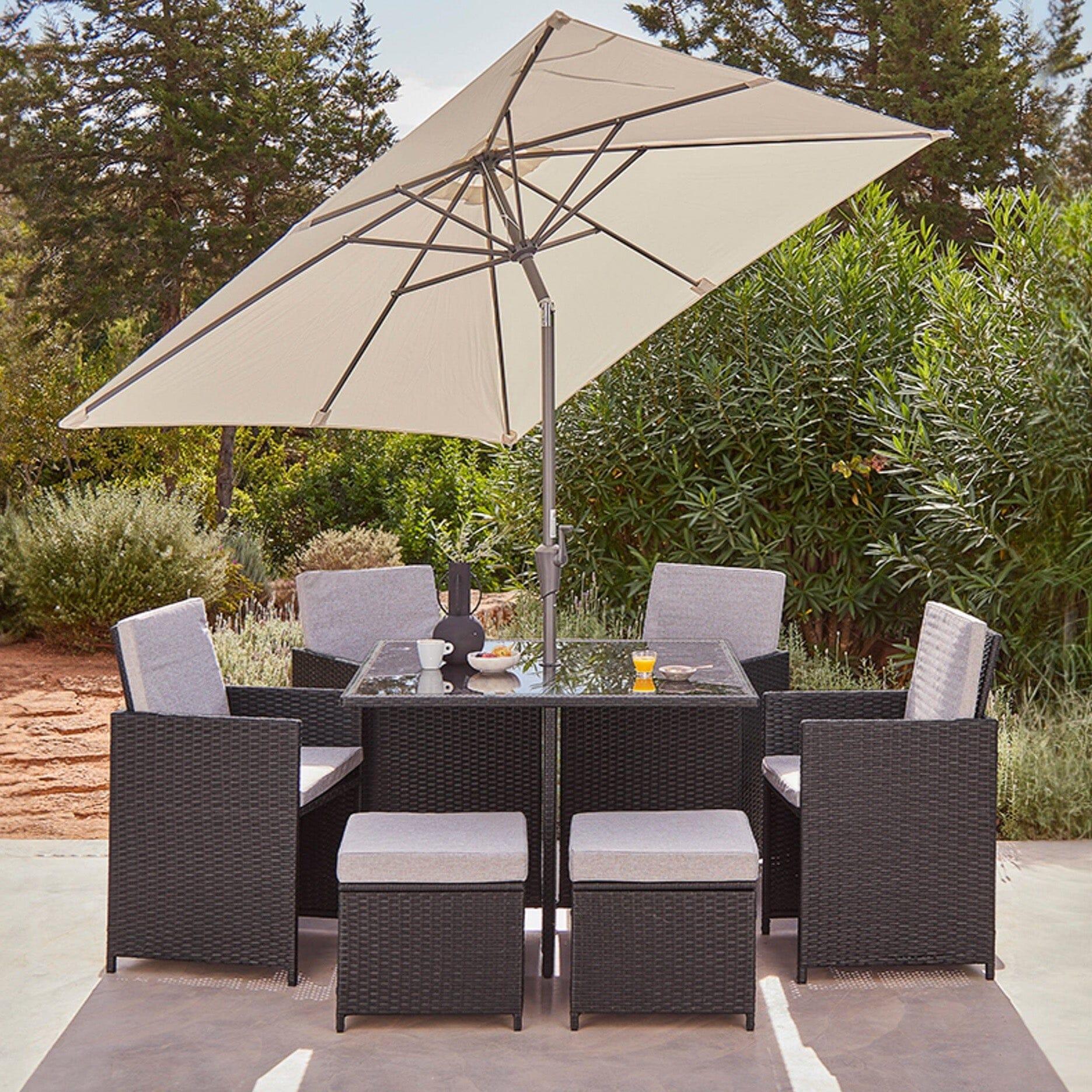 8 Seat Rattan Cube Outdoor Dining Set With LED Premium Parasol - Mixed Black Weave