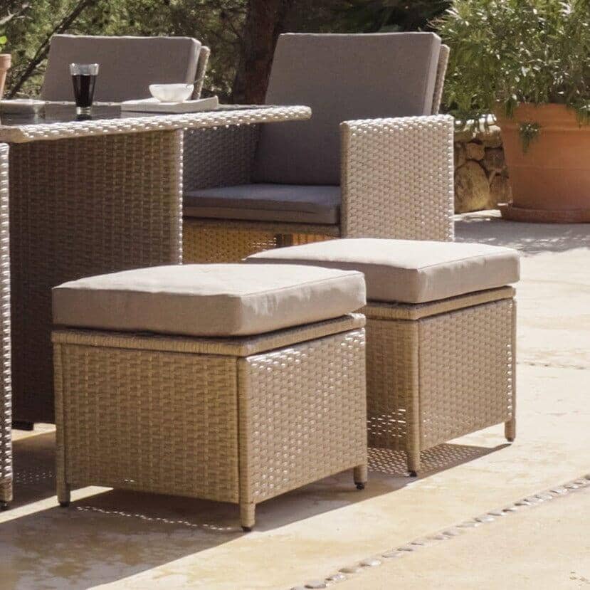 Cube 8 Seater Rattan Outdoor Dining Set with Cream LED Premium Parasol - Natural Brown Weave Polywood Top