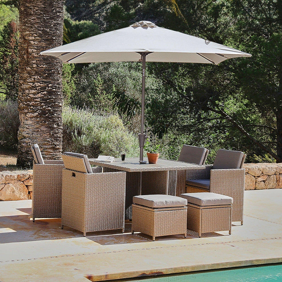 Cube 8 Seater Natural Rattan Garden Dining Set with Cream Parasol ...