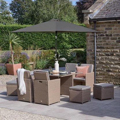 8 Seater Rattan Cube Outdoor Dining Set - Brown Weave Glass Top with addon Parasol Grey Led Premium - Laura James