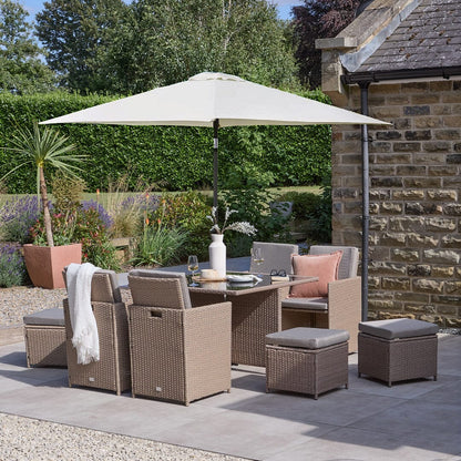 8 Seater Rattan Cube Outdoor Dining Set - Brown Weave Glass Top with addon Parasol Cream - Laura James