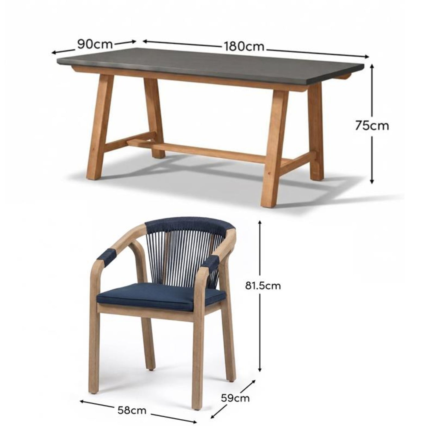 Shiro Dove Grey Concrete Dining Table Set - 6 Seater - Shiro Navy Rope Dining Chairs - Laura James