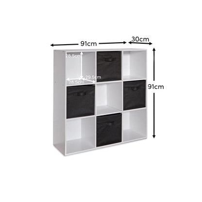 Cara 9 Cube Storage Unit - Chalk White Bookcase with Black Boxes - Laura James