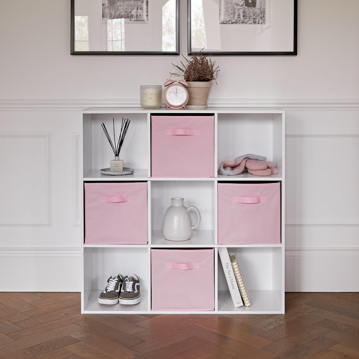 Cara 9 Cube Storage Unit - Bookcase & 4 Pink Handled Box Drawers ...