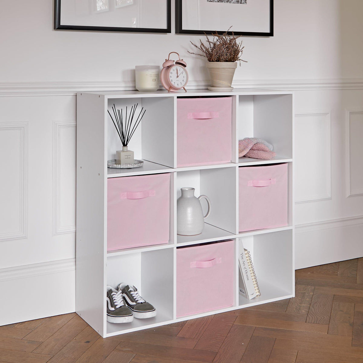 Cara 9 Cube Storage Unit - Bookcase & 4 Pink Handled Box Drawers ...