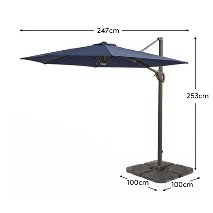 Fira Dark Blue LED Cantilever Parasol - 2.5m Square with Quartered Base - Laura James