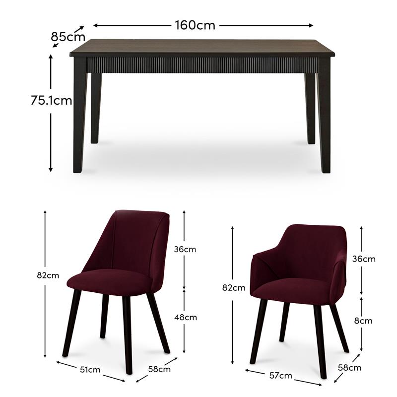Raleigh Black Dining Table Set - 6 Seater - 4 Freya Burgundy Red Dining Chairs & 2 Freya Burgundy Red Armchairs - Black Oak Legs - Laura James