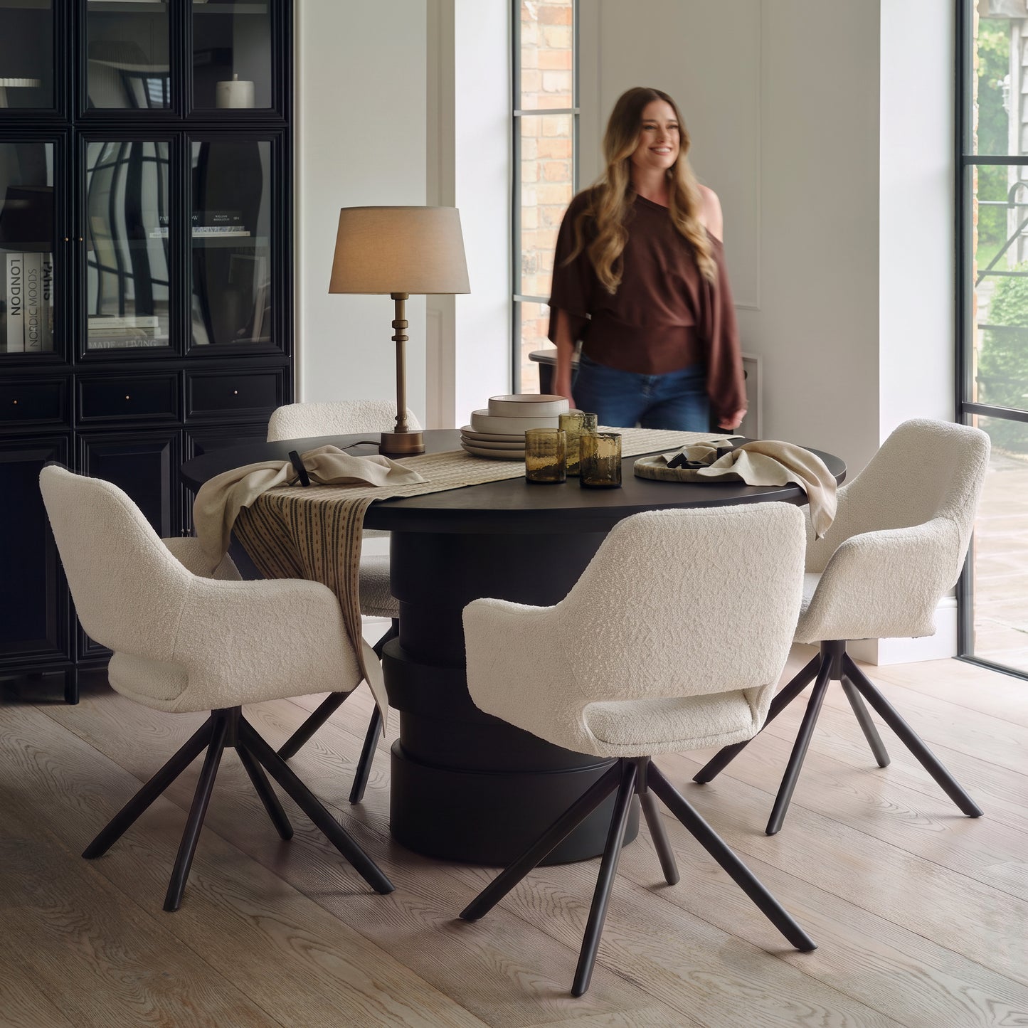 Adam 135cm Jet Black Mango Wood Round Dining Table Set - 4 Seater - Parker Snow White Boucle Office Chairs - Black Metal Legs - Laura James 