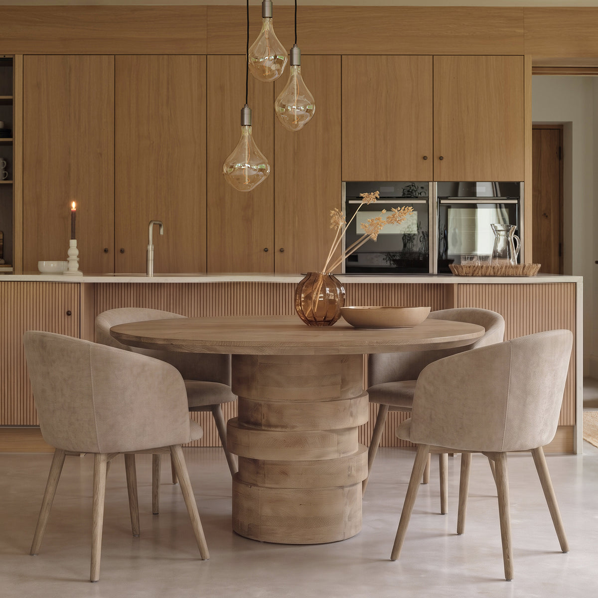 Adam 135cm Almond Brown Round Dining Table Set - 4 Seater - Archer Natural Brown Dining Chairs - Almond Brown Legs