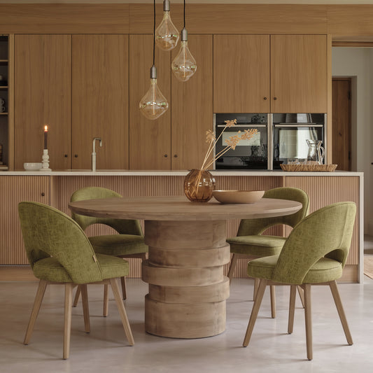 Adam Almond Brown Round Dining Table Set - 4 Seater - Marilyn Moss Green Dining Chairs - Almond Brown Legs