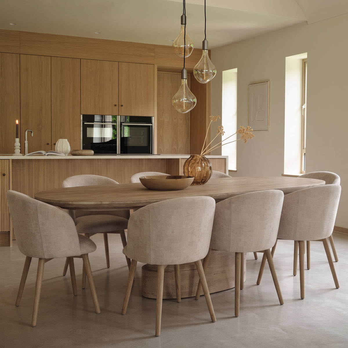 Adam 240cm Almond Brown Oval Dining Table Set - 8 Seater - Archer Soft Beige Dining Chairs - Almond Brown Legs