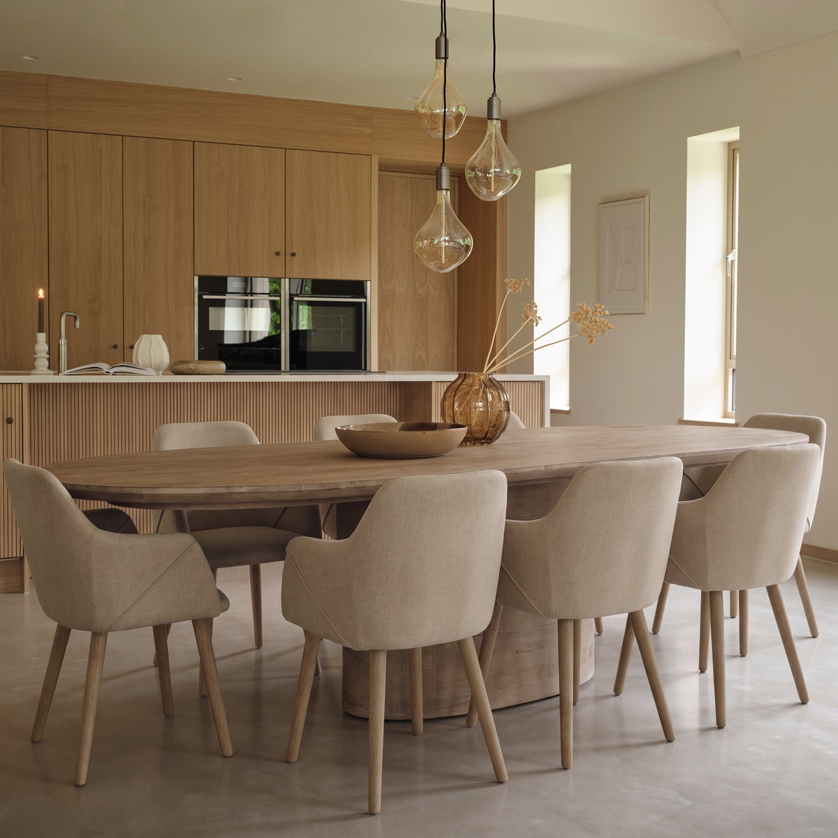 Adam 240cm Almond Brown Oval Dining Table Set - 8 Seater - Freya Sand Dining Armchairs - Almond Brown Legs