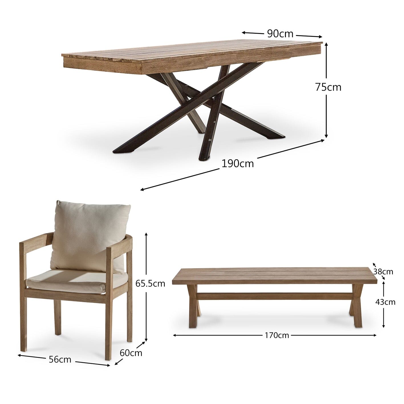 Amelia 6 Seater Wooden Garden Dining Set with 4 Imani Chairs & Charlotte Bench - Light Brushed Acacia with Black Legs