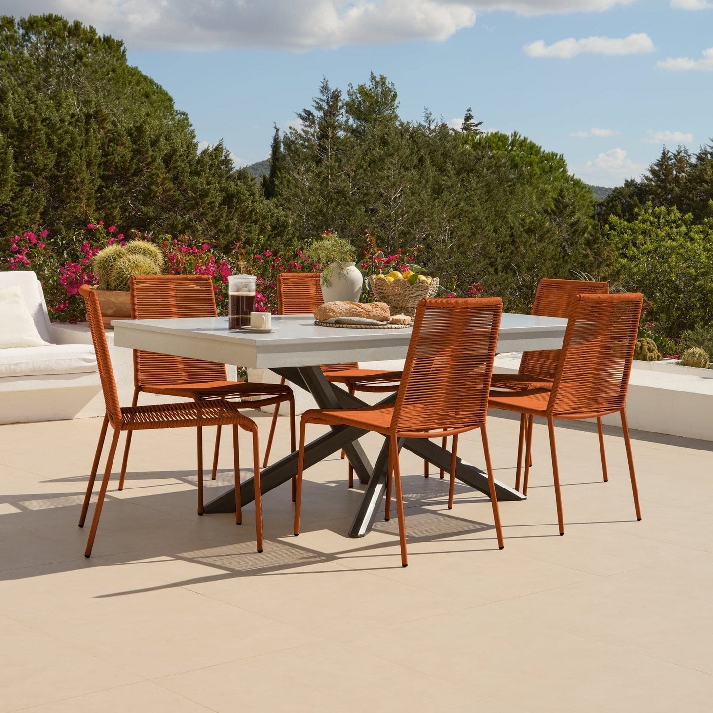 Amelia 6 Seater Pale Grey Concrete Garden Dining Set with Ryder Burnt Orange Chairs - Laura James