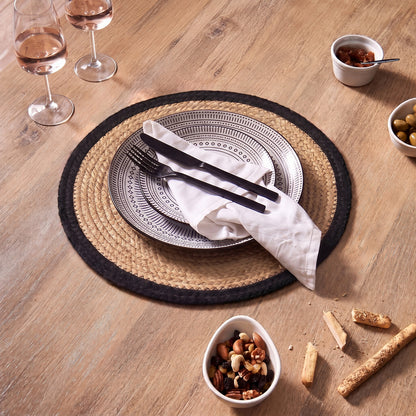 Satara 35cm Round Jute Placemats - Set of 4 - Whitewash with Black Border