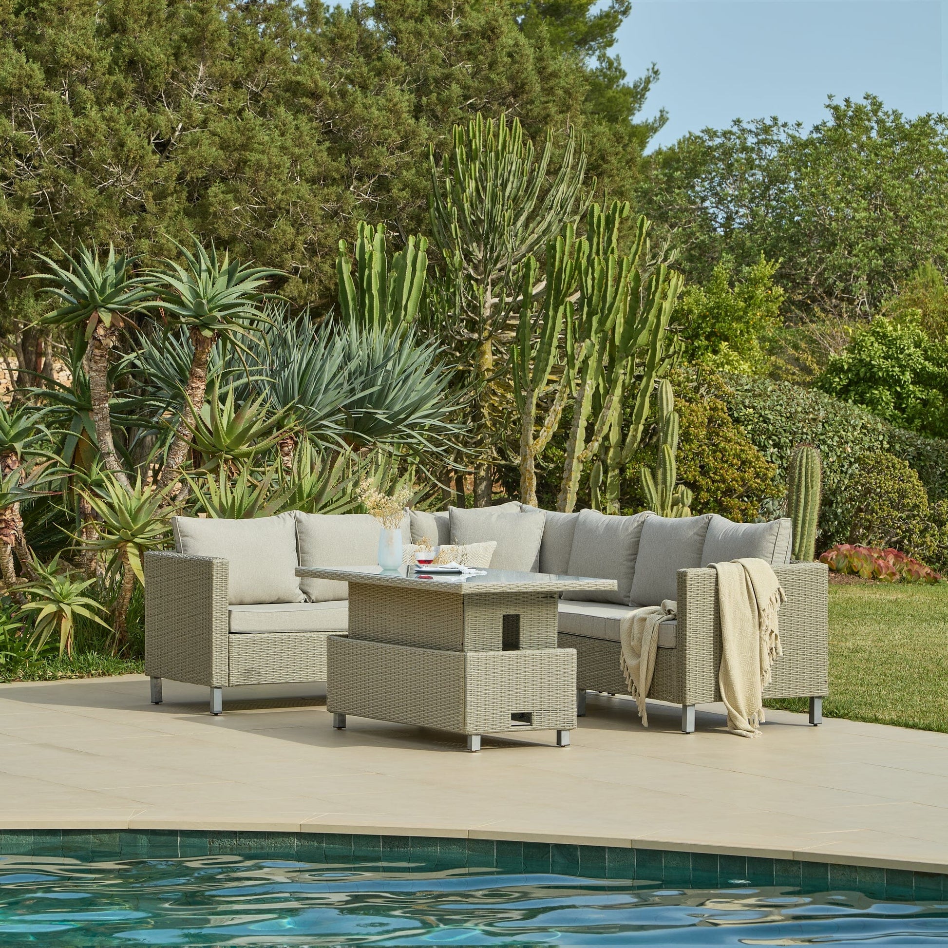 Aria Corner Rattan Sofa Set with Rising Table - Laura James 