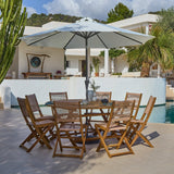 Ashby Wooden Round Folding Table Set with 8  Cove Dining Chairs with 3m Round Parasol - Cream