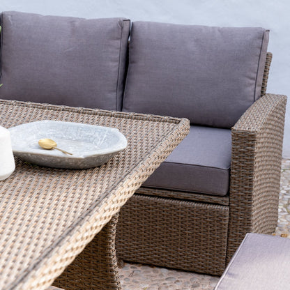 Aston rattan Corner Sofa Set premium grey LED parasol - 9 seater - natural brown - polywood table top