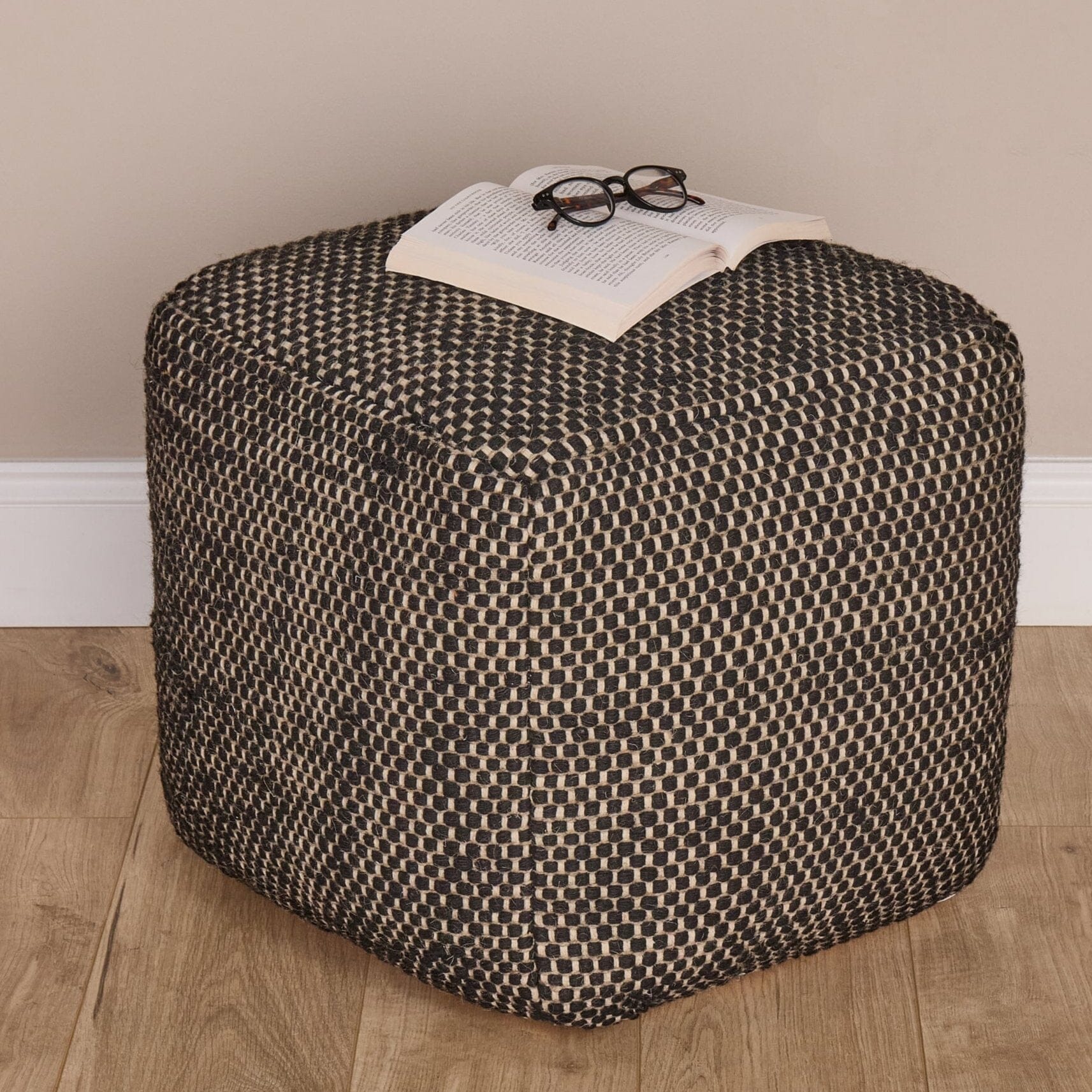 Atcham Black Wool and Cotton Ottoman Stool - Laura James