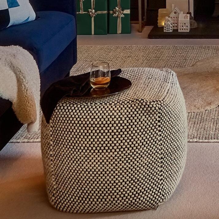 Atcham Black/Natural Wool and Cotton Ottoman Stool - Laura James