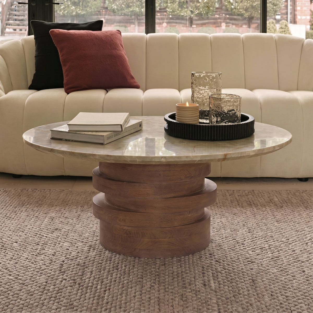 Adam 100cm Oval Almond Brown & Lady Grey Marble Coffee Table - Laura James 