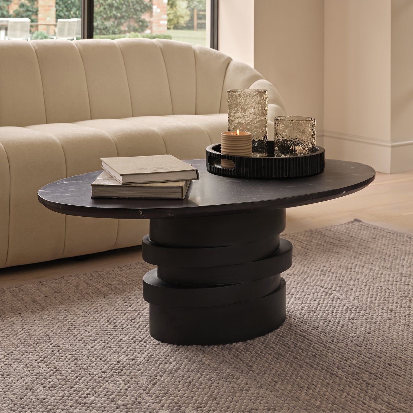 Adam 100cm Oval Jet Black Mango Wood & Black Marble Coffee Table - Laura James 