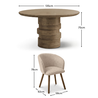 Adam 135cm Almond Brown Round Dining Table Set - 4 Seater - Archer Soft Beige Dining Chairs - Almond Brown Legs - Laura James 