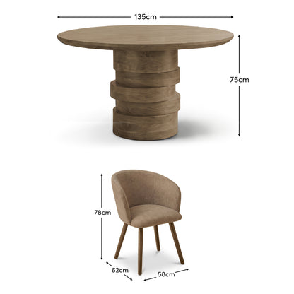 Adam 135cm Almond Brown Round Dining Table Set - 4 Seater - Archer Natural Brown Dining Chairs - Almond Brown Legs - Laura James 