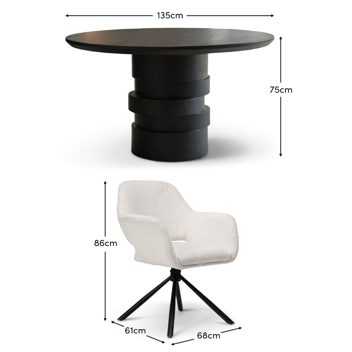 Adam Jet Black Mango Wood Round Dining Table Set - 4 Seater - Parker Snow White Boucle Chairs - Black Metal Legs - Laura James 