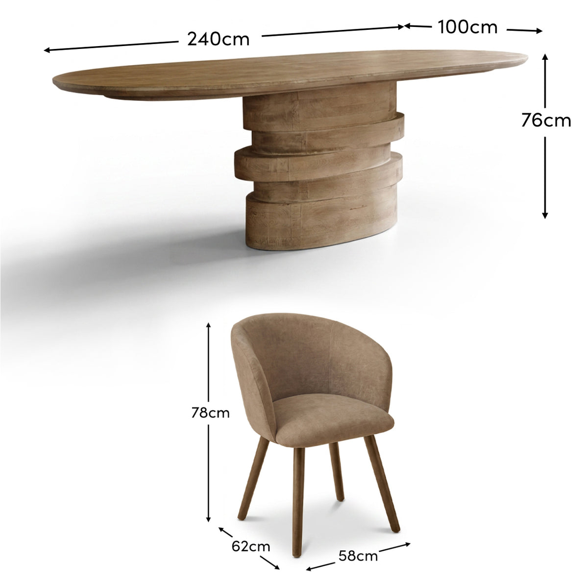 Adam 240cm Almond Brown Oval Dining Table Set - 8 Seater - Archer Natural Brown Dining Chairs - Almond Brown Legs