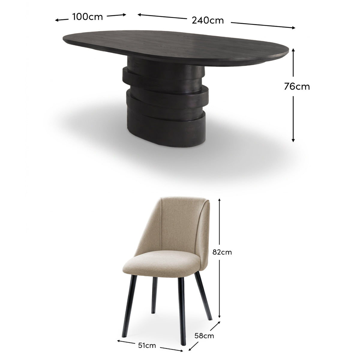 Adam 240cm Jet Black Mango Wood Oval Dining Table Set - 8 Seater - Freya Sand Dining Chair - Black Oak Legs - Laura James