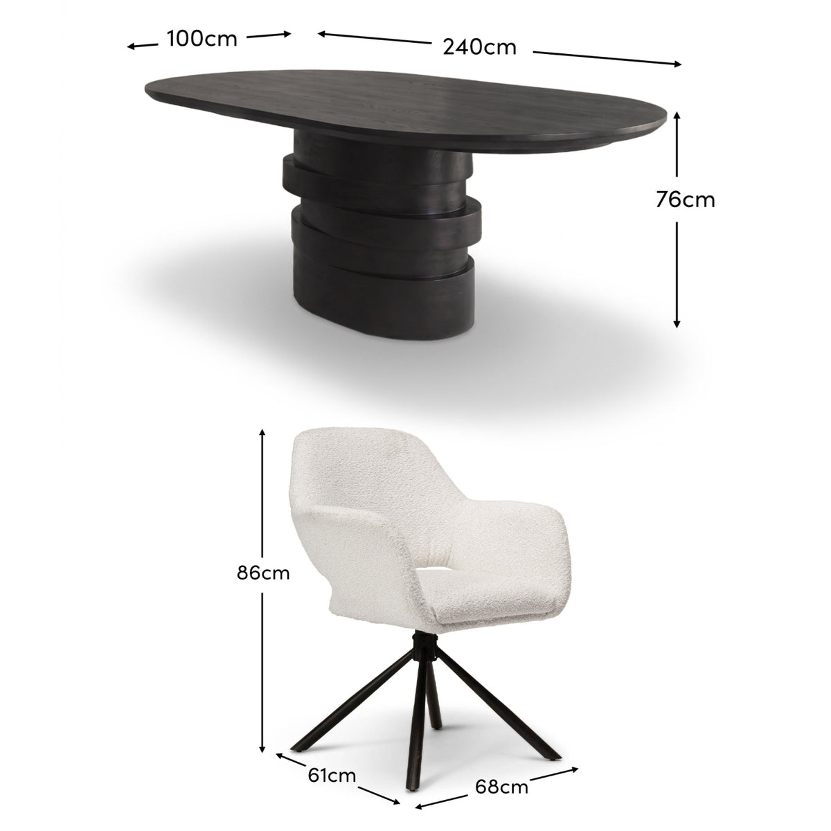 Adam 240cm Jet Black Mango Wood Oval Dining Table Set - 8 Seater - Parker Snow White Boucle Office Chairs - Black Metal Legs - Laura James