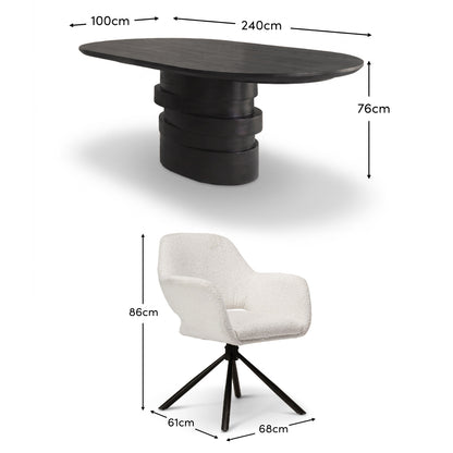 Adam 240cm Jet Black Mango Wood Oval Dining Table Set - 8 Seater - Parker Snow White Boucle Office Chairs - Black Metal Legs - Laura James